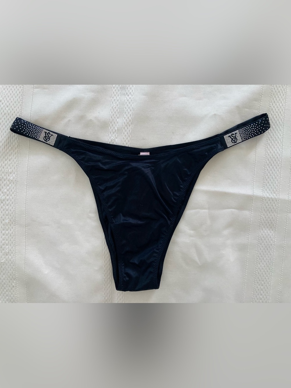 NWT Victoria's Secret XL VERY SEXY Rhinestone Shine Strap Brazilian Panty BLACK